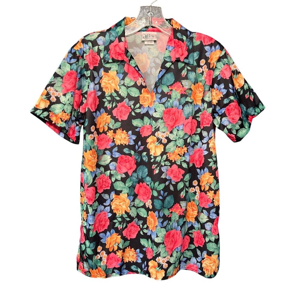 Vintage  60/70sFloral Blouse Size M Black Multicolor Short Sleeve  Made In USA